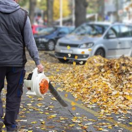 A man is holding an electric leaf blower.