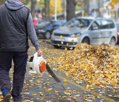 A man is holding an electric leaf blower.