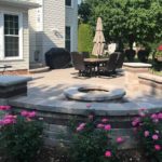 A patio with fire pit and seating area.